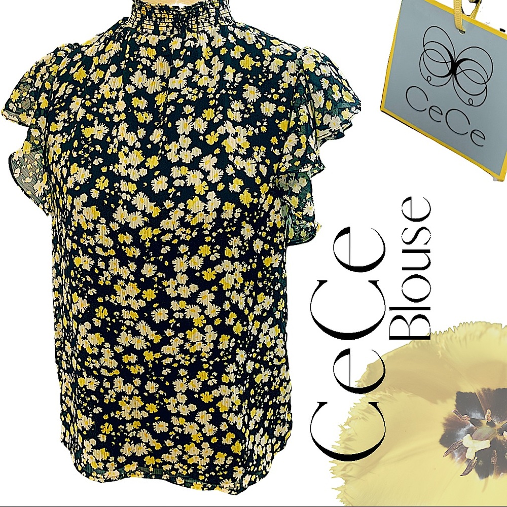 NWT CeCe Floral Flutter Sleeve Smock Neck Blouse
